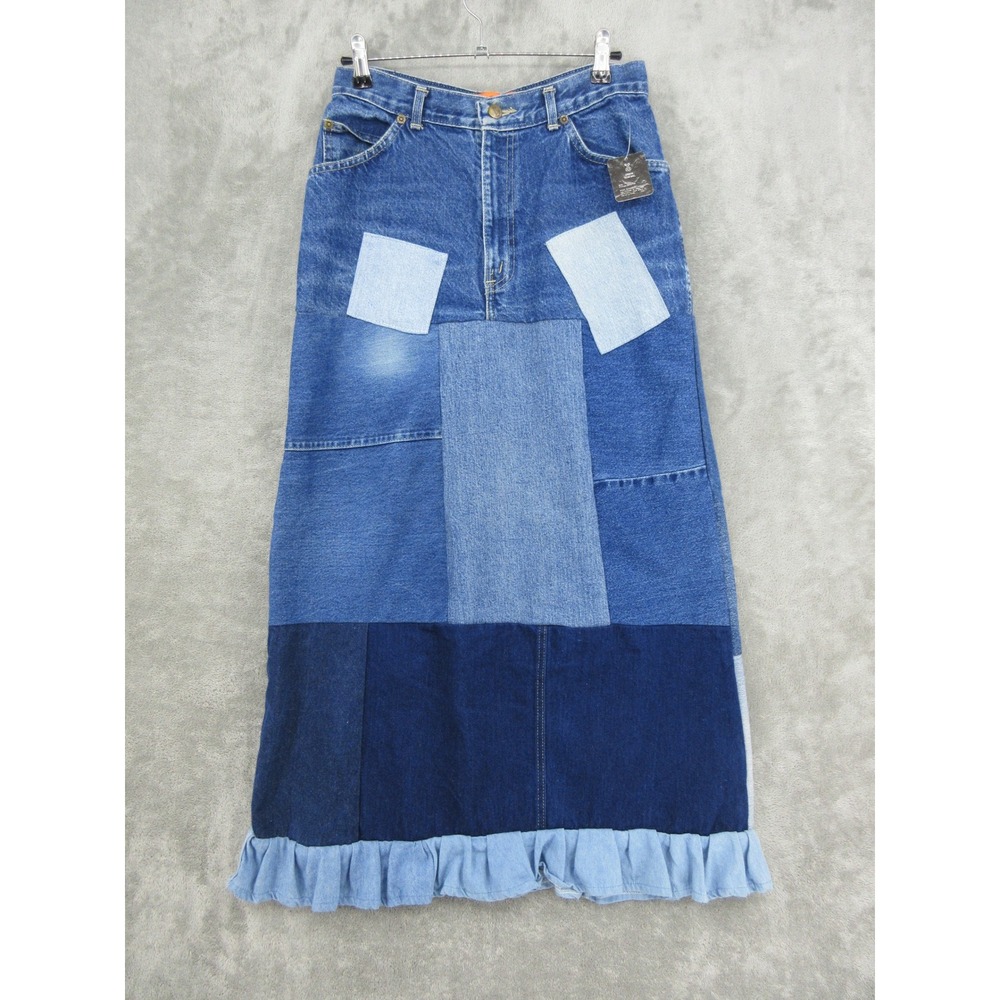 Urban Renewal Skirt Womens Size 12 Upcycled Patchwork Denim Ruffle Maxi Cottage
